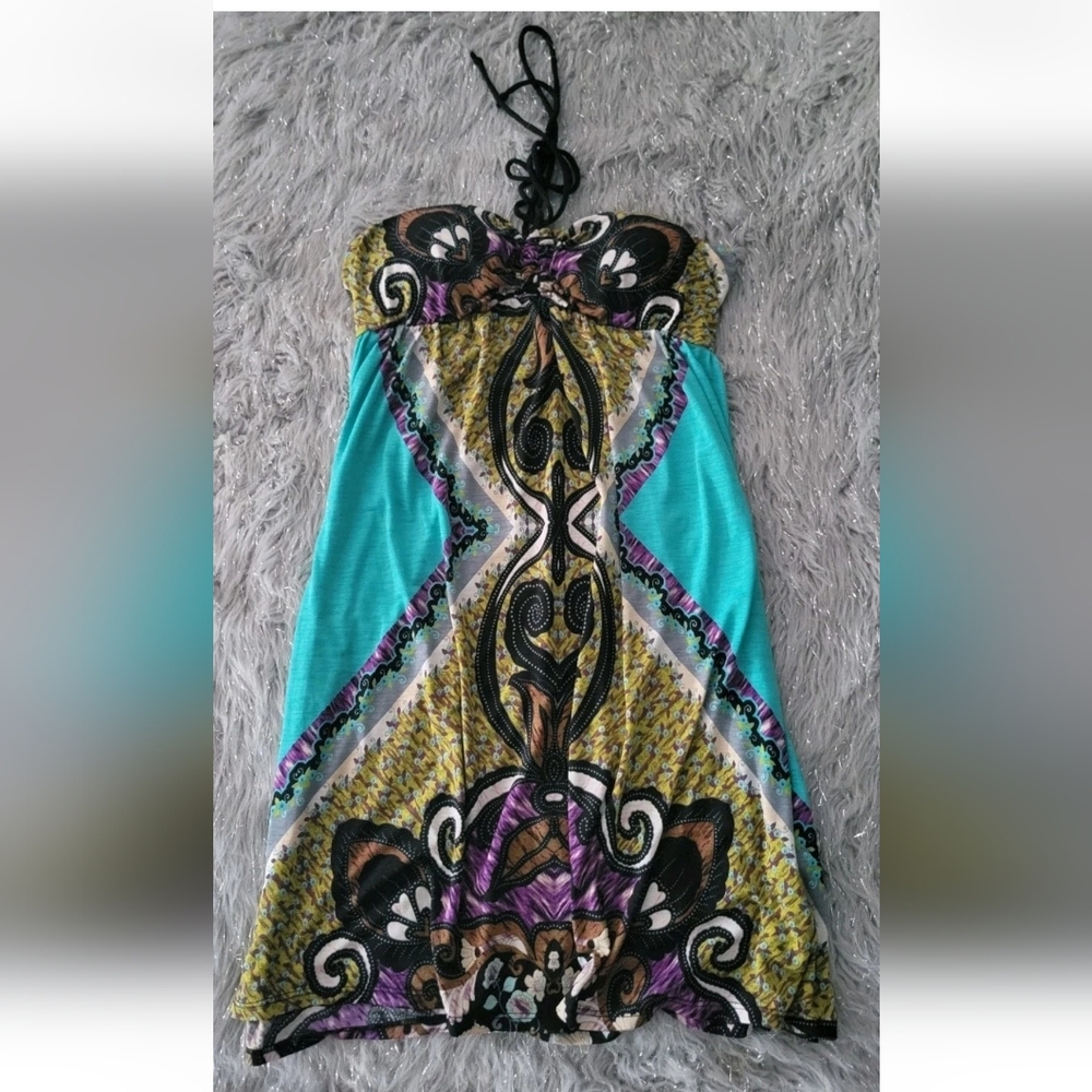 Vintage Y2K Paisley Peacock Halter Fairy Mini Dress Festival Strapless S Moa Moa